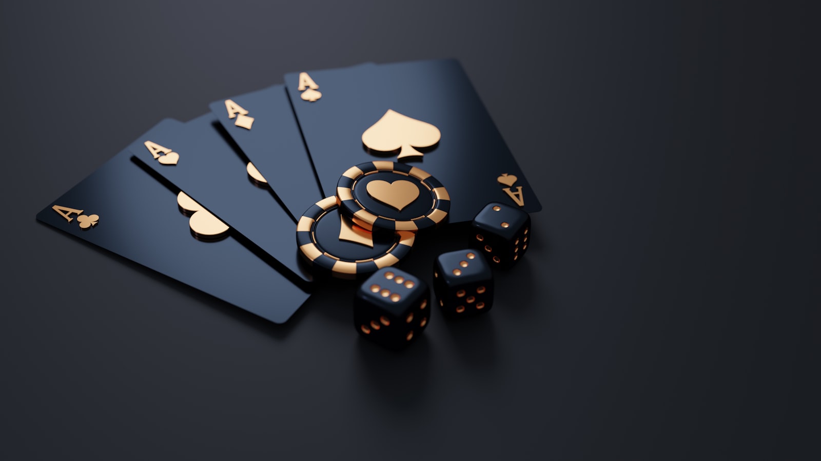 Black playing cards with gold aces beside poker chips and dice on a dark surface